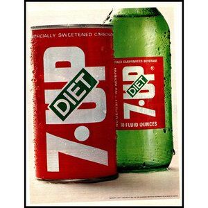 1970 Diet 7-Up Vintage Print Ad Red Can Green Bottle Wall Art Decor Photo